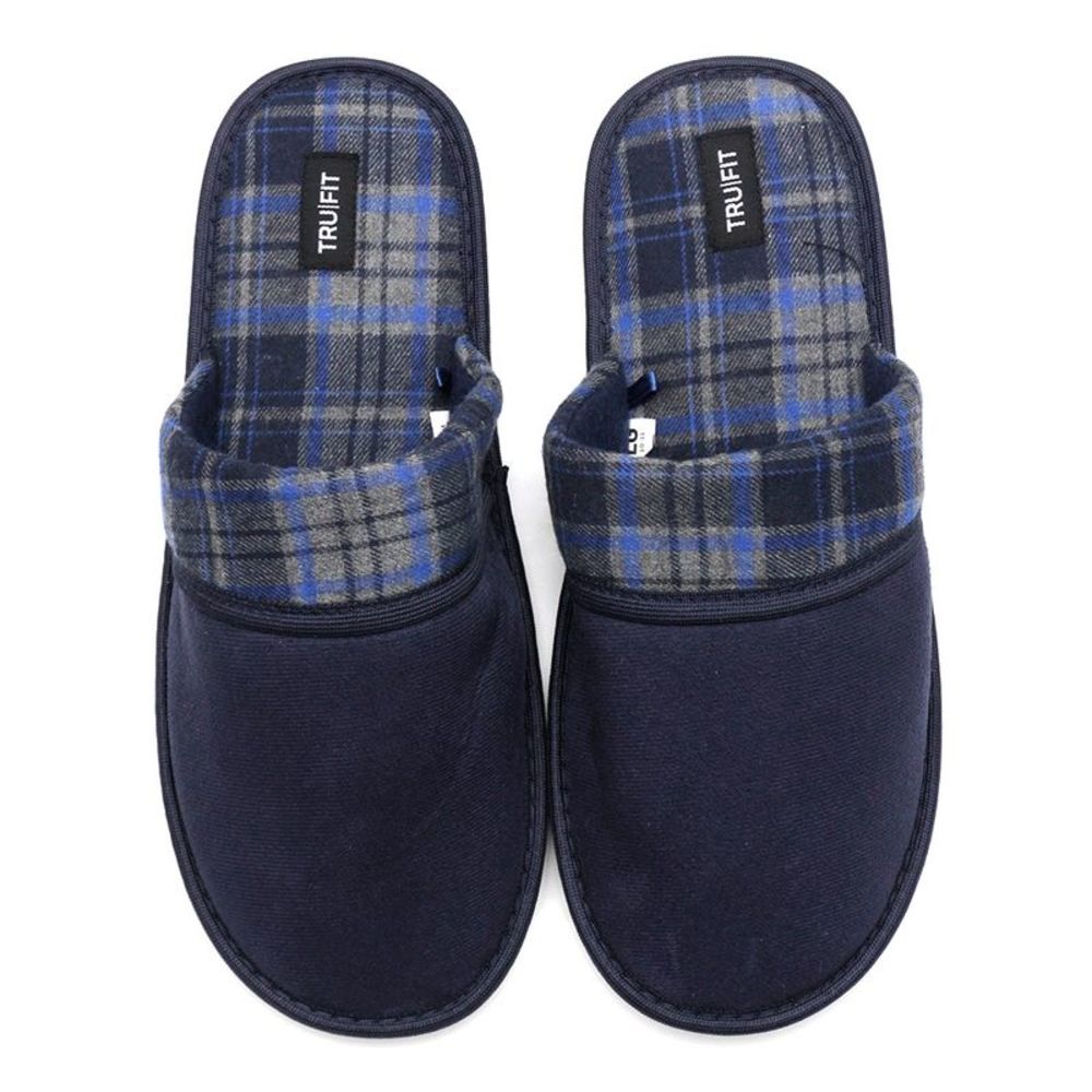 Mens Plaid Slippers Slip On Fleece Lined Indoor Micro Suede Shoes Navy